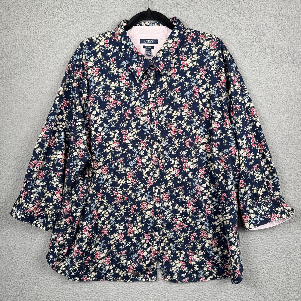 Chaps Top Women 3X Navy Blue Floral No Iron Contrast Cuff Colorful Button Office